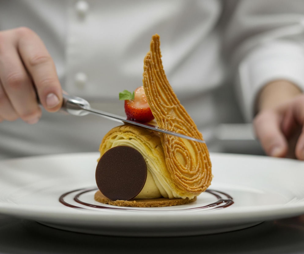 Na pierwszym planie, centralnie, widoczny jest deser ułożony na białym, okrągłym talerzu z czekoladowym sosem ułożonym w dwa łuki. Deser składa się z beżowego kremu otoczonego zwiniętym, chrupiącym ciastkiem o falistych, koncentrycznych wzorach, w kolorze złotobrązowym. Z boku ciastka, na podstawie deseru, umieszczony jest ciemnobrązowy, okrągły dysk, prawdopodobnie z czekolady, a na jego szczycie znajduje się połówka truskawki z zielonym listkiem mięty.

Z lewej strony zdjęcia widoczna jest dłoń osoby, prawdopodobnie szefa kuchni, trzymająca srebrny nóż, który delikatnie dotyka górnej części ciastka. Nóż ma długie, smukłe ostrze i metalową rączkę. Dłoń osoby jest jasna, a na nadgarstku widać biały mankiet ubrania.

W tle, rozmyte, znajduje się dalsza część postaci w białej bluzie kucharskiej z guzikami. Całe tło jest jasne i rozmyte, sugerując profesjonalną kuchnię lub pracownię cukierniczą.