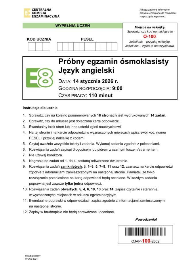 Próbny egzamin ósmoklasisty 2026 CKE: angielski - wszystkie odpowiedzi do arkusza CKE 14.01.2026