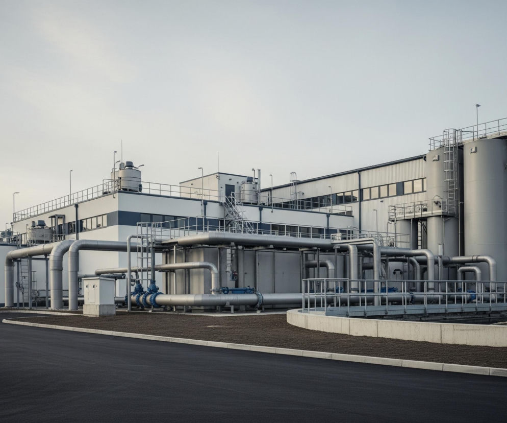 Duży, nowoczesny budynek przemysłowy utrzymany w jasnych, stonowanych kolorach szarości i bieli, częściowo osadzony na tle ciemnego lasu po lewej stronie. Budynek charakteryzuje się licznymi rurami i zbiornikami, co sugeruje jego przeznaczenie do celów przemysłowych lub jako zakład przetwórczy. Przed budynkiem rozciąga się ciemny asfaltowy plac lub droga, otoczona betonowymi krawężnikami i świeżo usypaną ziemią. Jasne niebo z delikatnymi smugami chmur zajmuje górną część kadru, zapewniając równomierne oświetlenie sceny.