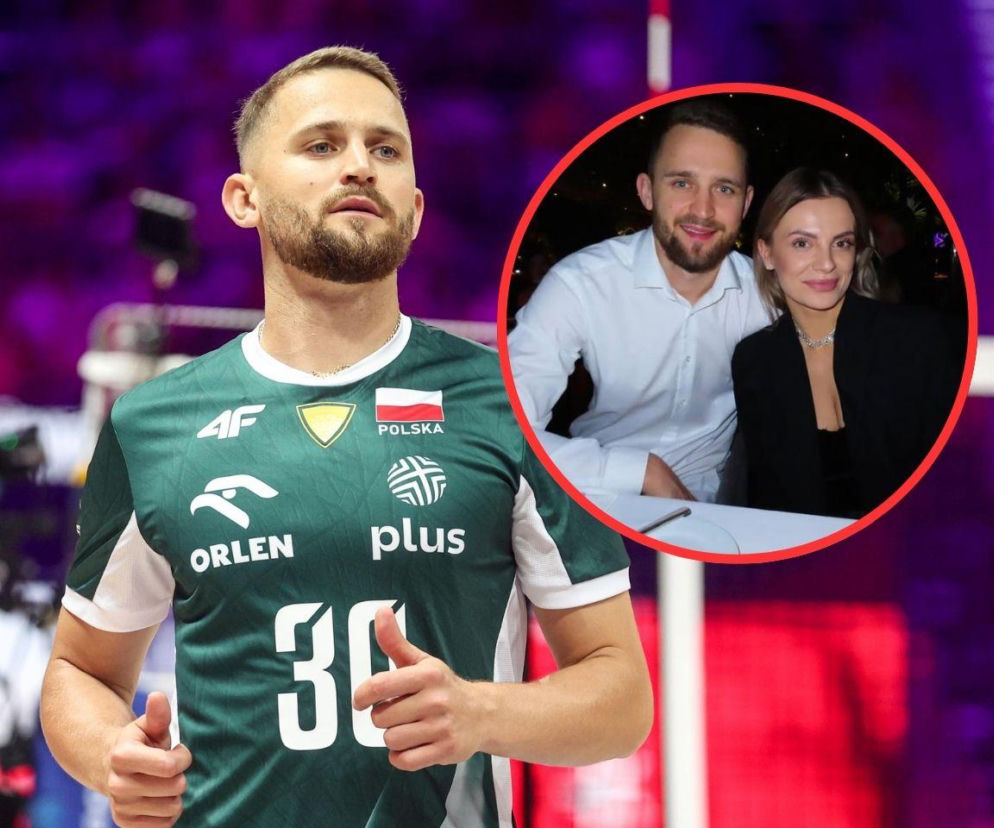 Siatkarz Bartłomiej Bołądź w stroju kadry. Na miniaturze obok z żoną Joanną. O ich relacji przeczytasz na SE.