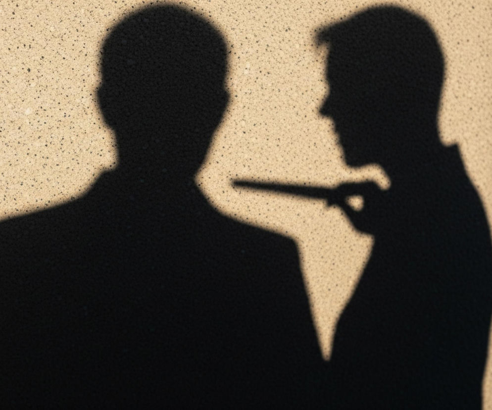 Na beżowej, ziarnistej ścianie widoczne są dwa ciemne cienie ludzkich sylwetek. Cień po lewej stronie przedstawia postać zwróconą plecami do widza, z widocznym zarysem głowy i ramion. Cień po prawej stronie ukazuje sylwetkę w profilu, z wyraźnym zarysem głowy i nosa, która trzyma w dłoni długi, cienki przedmiot, przypominający broń lub długopis, skierowany w stronę postaci po lewej. Ciemny cień pojawia się również po prawej stronie kadru, rozciągając się w dół.