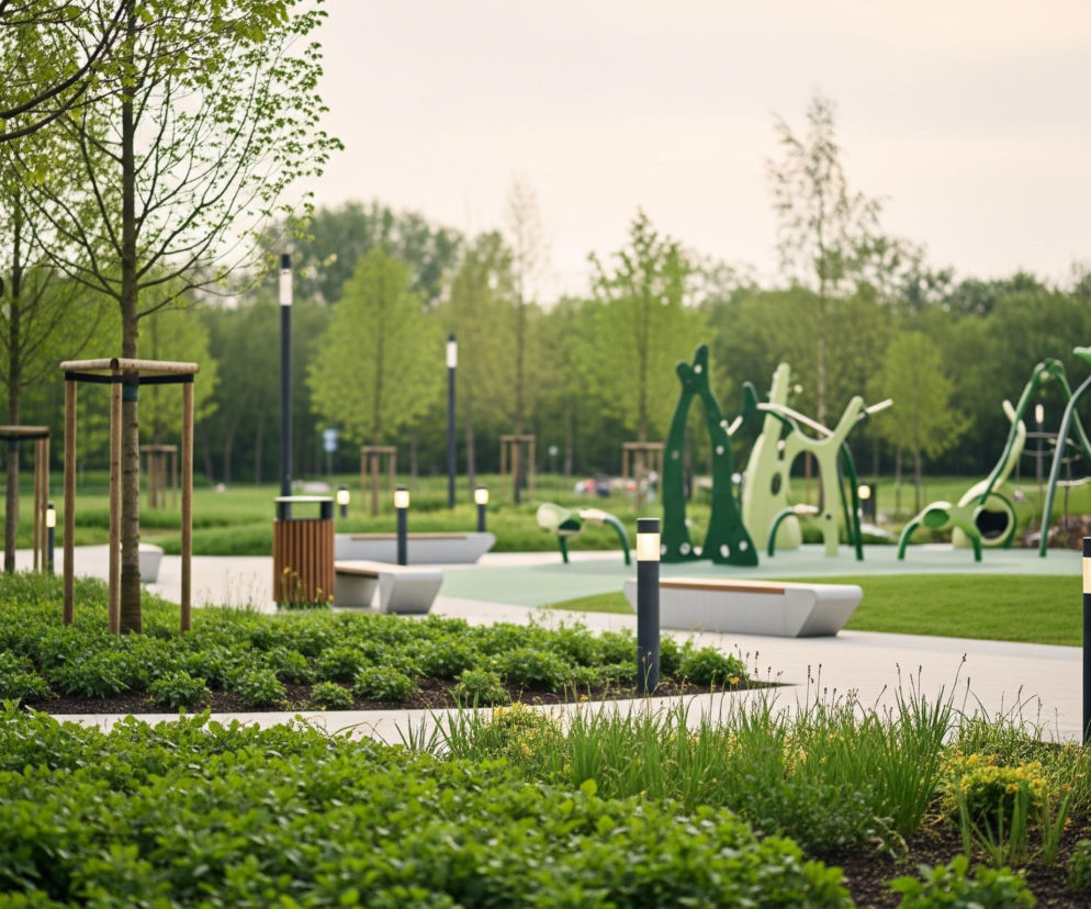 Nowoczesny park miejski z betonowymi ścieżkami wijącymi się wśród soczyście zielonej roślinności. Po lewej stronie widać rzędy młodych drzewek z jasnymi, świeżymi liśćmi, wspartych na drewnianych palach. W centrum i po prawej stronie rozciąga się trawiasta przestrzeń z zielonym placem zabaw, wyposażonym w zakrzywione, organiczne formy w odcieniach ciemnej i jasnej zieleni, oraz betonowe ławki z drewnianymi siedziskami. Cały teren oświetlony jest przez serię niskich, cylindrycznych lamp z ciepłym światłem, a w tle widać gęste drzewostany.