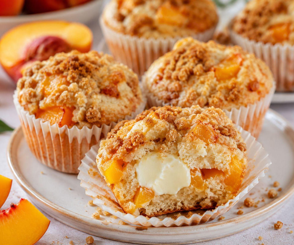 Muffinki brzoskwiniowe z kruszonką skrywają kremowy środek. Małe smakołyki na jeden kęs