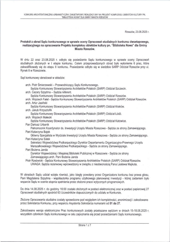 Protokół z 1. posiedzenia Sądu Konkursowego | Biblioteka Nowa Rzeszów