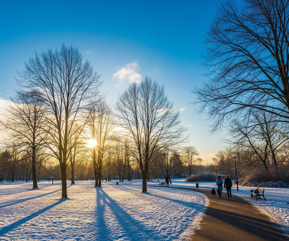 Zimowy krajobraz parku oświetlony jest promieniami zachodzącego słońca, tworząc długie, niebieskie cienie drzew na białym, zaśnieżonym podłożu. Niebo przy horyzoncie ma ciepły, pomarańczowy odcień, przechodzący w intensywny błękit ku górze. Na pierwszym planie widać dwie osoby idące po asfaltowej ścieżce, prowadzące dwa psy na smyczach. Dookoła ścieżki rozciąga się równomiernie pokryty śniegiem teren z licznymi nagimi drzewami o wyraźnie zarysowanych gałęziach.