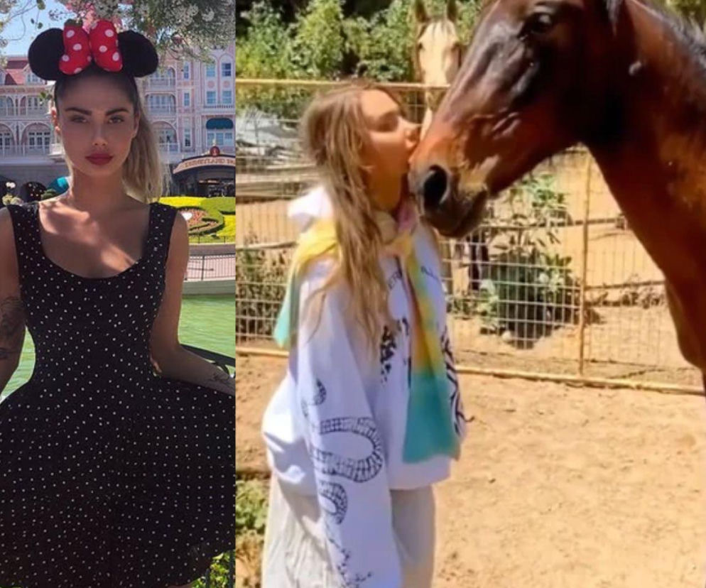 Sahara Ray w opasce z uszami Myszki Minnie. Obok na miniaturze modelka całuje konia. O jej śmierci przeczytasz na Eska.