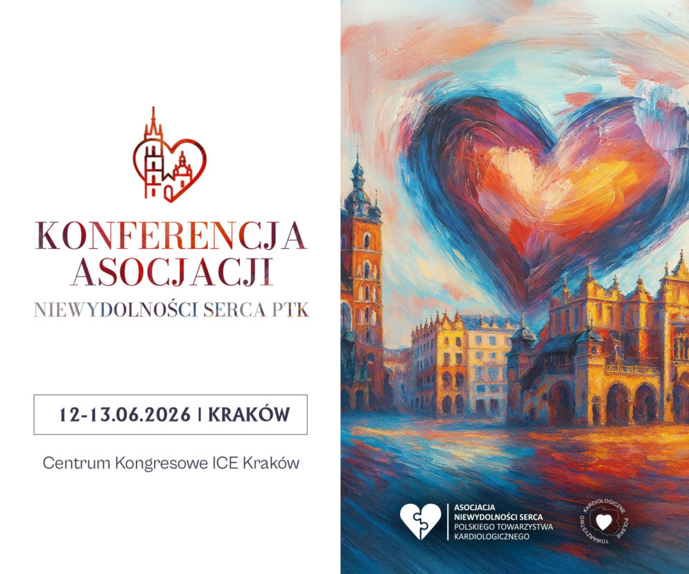 Plakat informujący o Konferencji Asocjacji Niewydolności Serca PTK w Krakowie w dniach 12-13.06.2026 w Centrum Kongresowym ICE. Widoczne stylizowane serce w kształcie krakowskiego rynku, symbolizujące troskę o zdrowie serca. Więcej o konferencji na Poradniku Zdrowie.