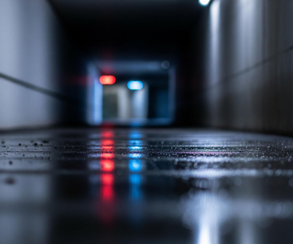 Ciemny, pusty tunel lub korytarz widziany z niskiej perspektywy. Podłoga tunelu jest mokra i błyszcząca, z widocznymi licznymi drobnymi kropelkami wody odbijającymi światło. W oddali, w centrum kadru, widoczne są dwa rozmyte źródła światła: jedno czerwone po lewej stronie i jedno niebieskie po prawej, których intensywne barwy odbijają się na mokrej posadzce. Ściany tunelu, szare i nieco ziarniste, rozciągają się w głąb obrazu po obu stronach, zwężając się i tworząc efekt perspektywy.