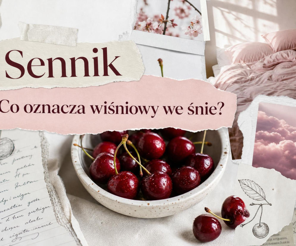 Miska z wiśniami obok sypialni i chmur w kolażu o snach. Znaczenie koloru wiśniowego sprawdzisz w senniku na SE.