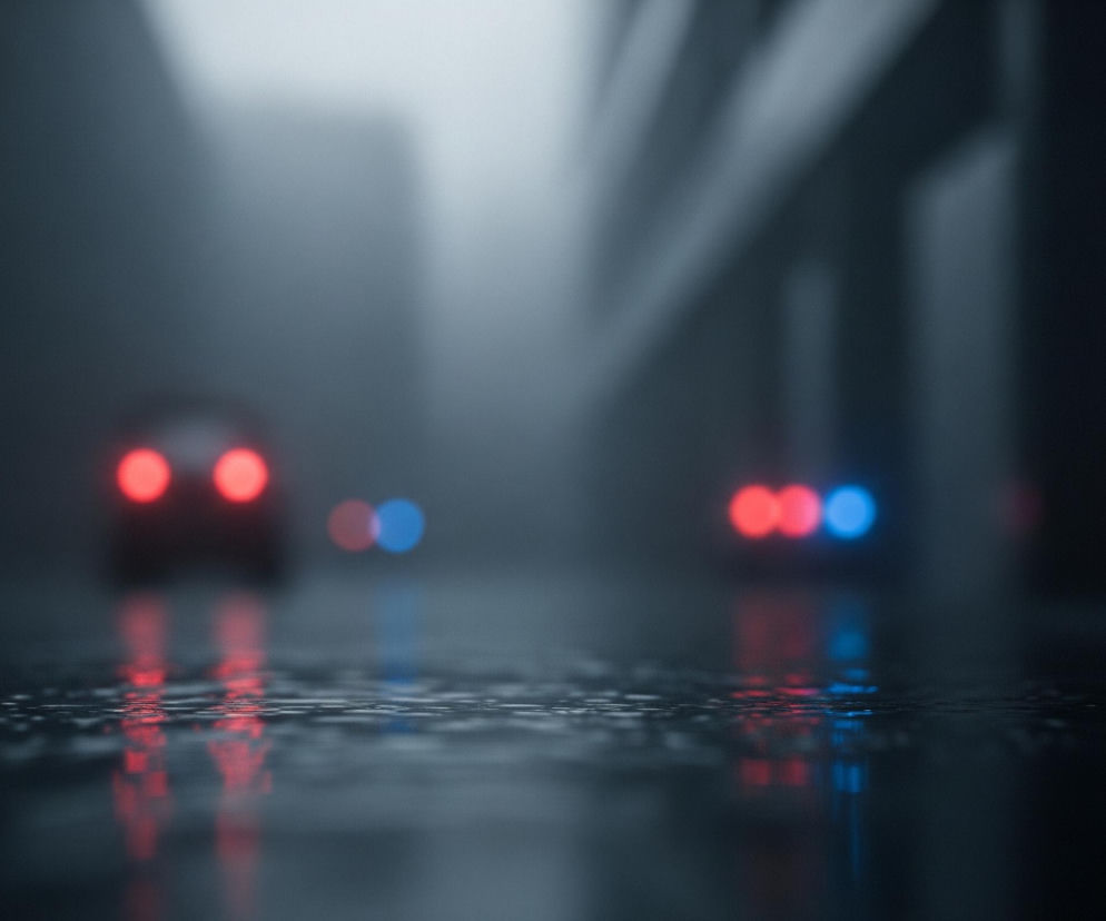 Mokry asfalt w pierwszym planie odbija światła samochodów, tworząc lustrzane odbicia czerwonych i niebieskich świateł sygnalizacyjnych. W tle, po lewej stronie, zarysowane są światła tylne samochodu, a dalej widać zamglone sylwetki budynków wtapiające się w jasnoszarą, mglistą aurę. Po prawej stronie, bliżej obserwatora, widoczne są dwa rzędy po trzy okrągłe światła: dwa czerwone i jedno niebieskie w każdym rzędzie, z wyraźnymi odbiciami na mokrej powierzchni.