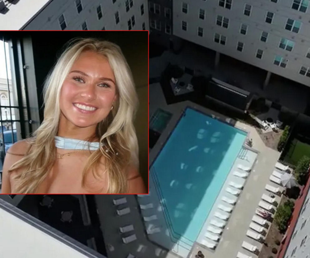 Widok z góry na basen wewnątrz kompleksu budynków. Na miniaturze uśmiechnięta Kristin Sargent. O wypadku przeczytasz w Eska.