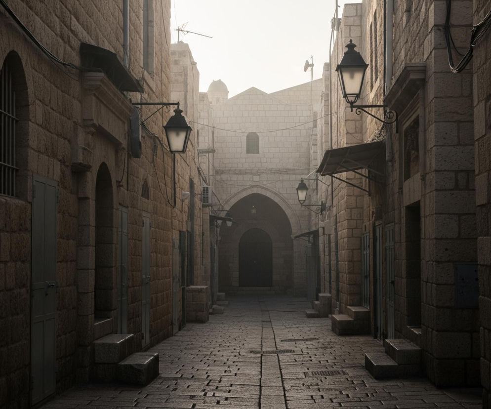 Wąska, kamienna ulica prowadzi w głąb obrazu, otoczona wysokimi budynkami o fasadach z beżowych, nieregularnych bloków kamienia. Po obu stronach widoczne są zamknięte, prostokątne okiennice w kolorze szaroniebieskim, oraz pojedyncze, łukowe okna z kratami. Na kamiennych ścianach wiszą czarne, kutego żelaza latarnie uliczne, a gdzieniegdzie dostrzec można zwisające czarne kable. W oddali, na końcu ulicy, znajduje się duża, ciemna brama w kształcie łuku, prowadząca do kolejnego kamiennego budynku, nad którym widnieje silne, rozmyte białe światło.