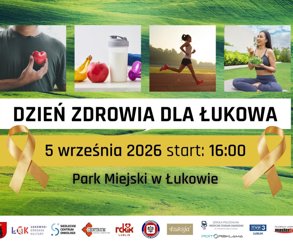 Plakat Dnia Zdrowia dla Łukowa na tle zielonych pól. O badaniach i sporcie w regionie przeczytasz na Eska Siedlce.