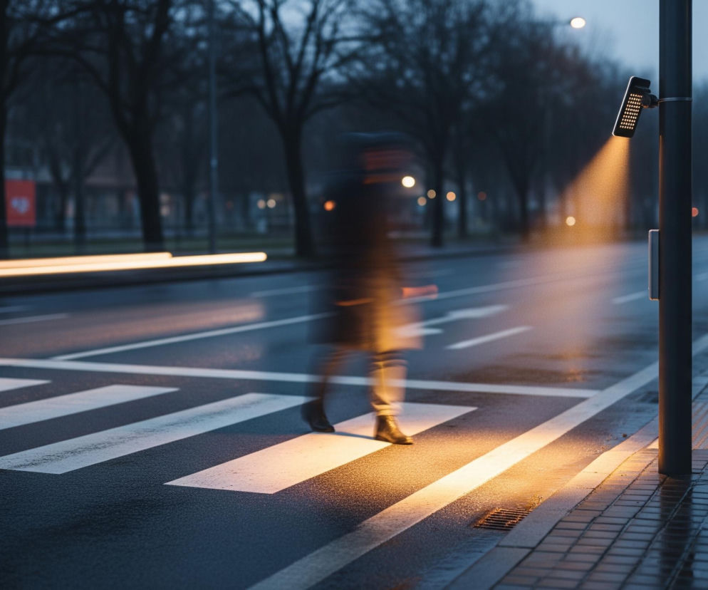 Osoba w rozmazanym ruchu idzie przez mokre przejście dla pieszych w ciemnym otoczeniu. Białe pasy zebry są wyraźnie widoczne na ciemnym asfalcie, a jeden z nich jest mocno oświetlony pomarańczowym światłem, które pochodzi z lampy zamontowanej na słupie po prawej stronie. Tło ukazuje rozmazane drzewa i światła uliczne, a także smugi światła pojazdów, sugerujące ruch na drodze.