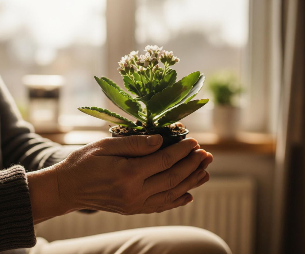 Osoba trzyma w dłoniach małą, kwitnącą roślinę w czarnej doniczce. Roślina posiada soczyście zielone, mięsiste liście z pofalowanymi brzegami oraz drobne, białe kwiatostany. Dłonie osoby, ubranej w szary, dzianinowy sweter o widocznej fakturze, są delikatnie pomarszczone i oświetlone ciepłym, naturalnym światłem z prawej strony. W tle, rozmyte jasne okno z widocznym parapetem, kaloryferem i zarysem innej, mniejszej rośliny w doniczce, sugeruje wnętrze pomieszczenia.