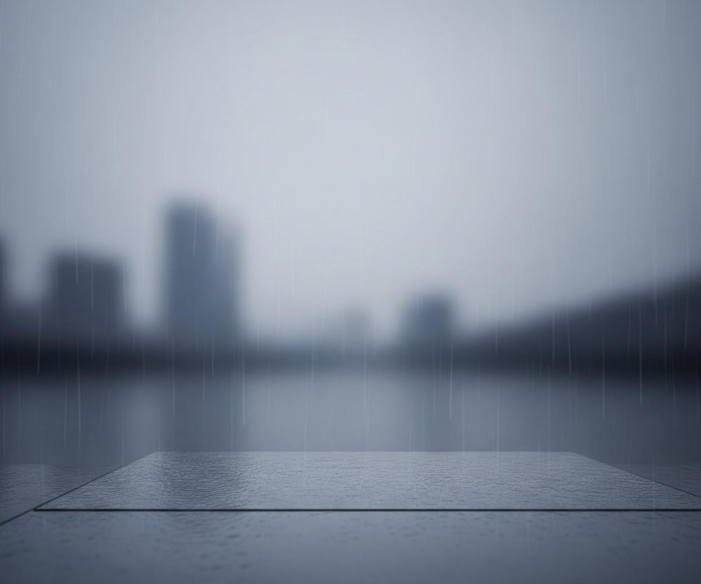 Na pierwszym planie widoczna jest duża, płaska, prostokątna powierzchnia przypominająca podest, pokryta drobnymi kroplami deszczu, co nadaje jej teksturę i lekki połysk. Podest jest częścią większej, ciemnej powierzchni, która biegnie w dół i w lewo. Tło przedstawia rozmyte zarysy budynków i wzgórz na tle jasnego, zamglonego nieba, wszystko to w odcieniach szarości i błękitu, z pionowymi smugami symbolizującymi padający deszcz.