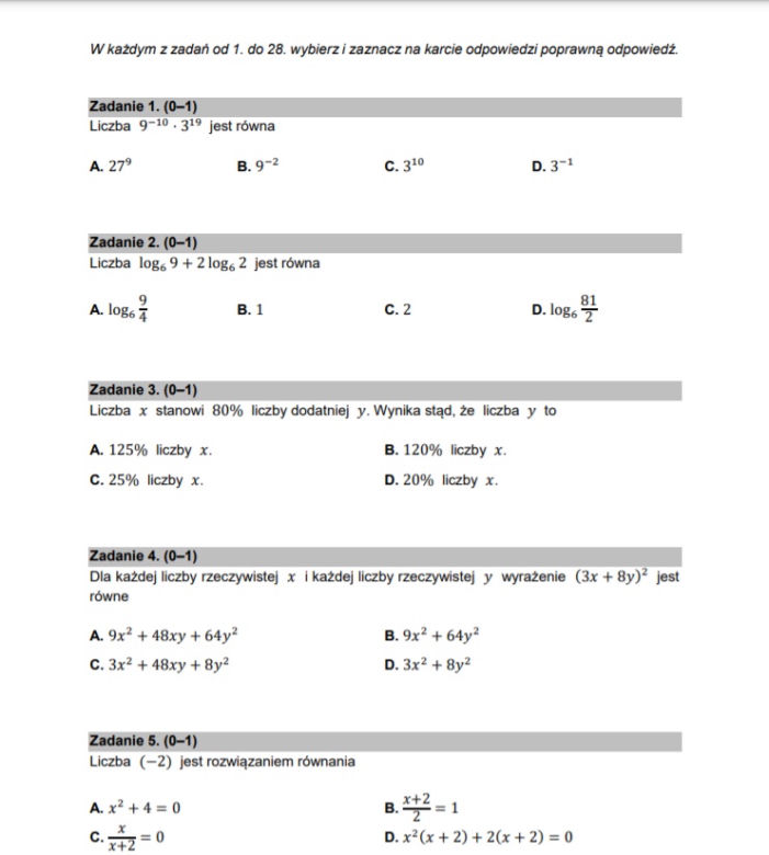 Matura poprawkowa z matematyki 2021 - zadania zamknięte 1-5 (1 punkt)