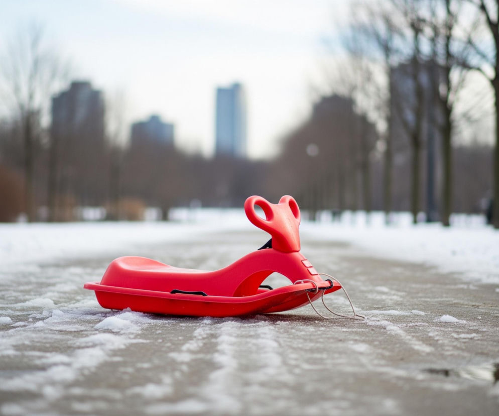 Na pierwszym planie, centralnie, leży czerwony plastikowy ślizgacz, wyposażony w czarne uchwyty i biały sznurek do ciągnięcia. Ślizgacz spoczywa na częściowo zaśnieżonej, mokrej nawierzchni chodnika, na której widoczne są ślady topniejącego śniegu i niewielka kałuża w prawym dolnym rogu. W tle rozciąga się aleja obsadzona nagimi drzewami, a za nimi rysują się niewyraźne, rozmazane sylwetki wysokich budynków miejskich, niektóre z nich odbijają światło.