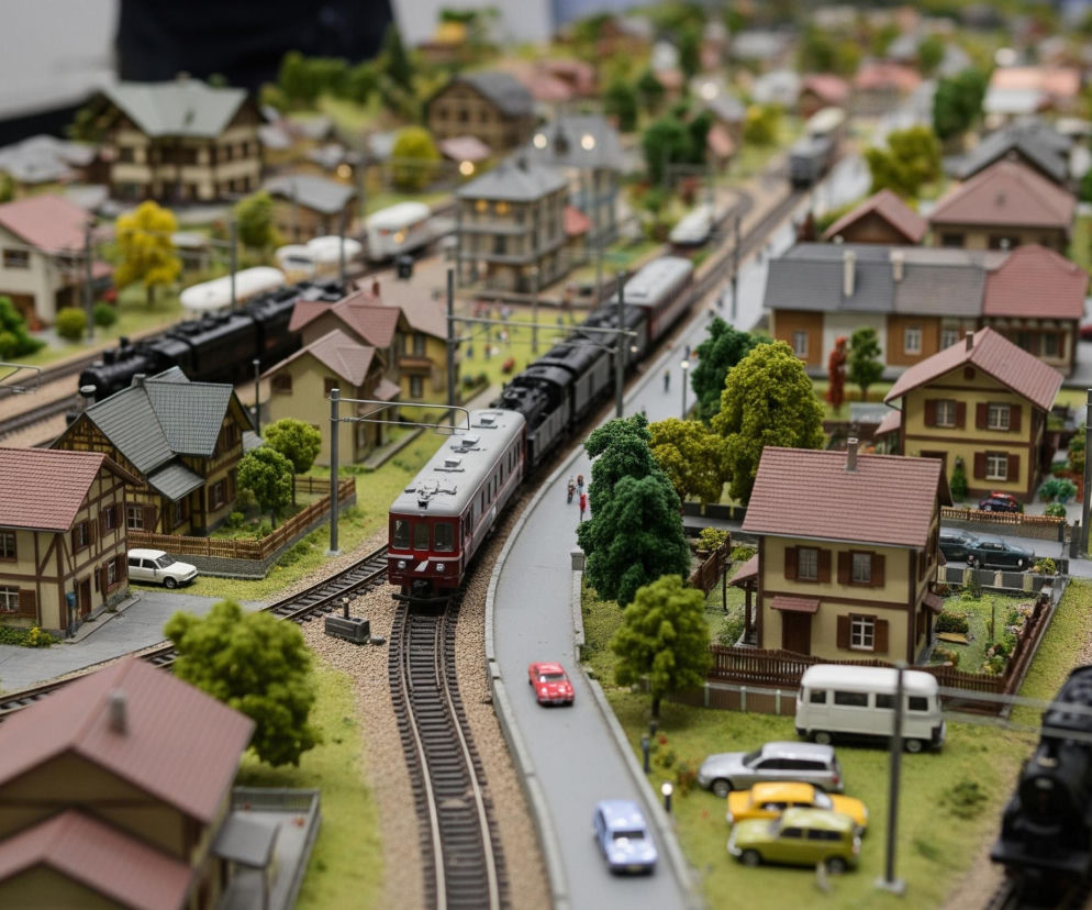 Miniaturowy model miasta z rozległą siecią kolejową i drogową zajmuje centralne miejsce. Model przedstawia liczne budynki mieszkalne w różnych odcieniach brązu i beżu z czerwonymi lub szarymi dachami, otoczone zielonymi terenami z drzewami i krzewami. Kilka pociągów, w tym jeden biało-czerwony oraz dwa czarne lokomotywy, porusza się po torach, podczas gdy miniaturowe samochody i furgonetki w różnych kolorach znajdują się na szarych drogach i parkingach. Całość sceny jest oświetlona, co dodaje głębi i realizmu tej złożonej dioramie.