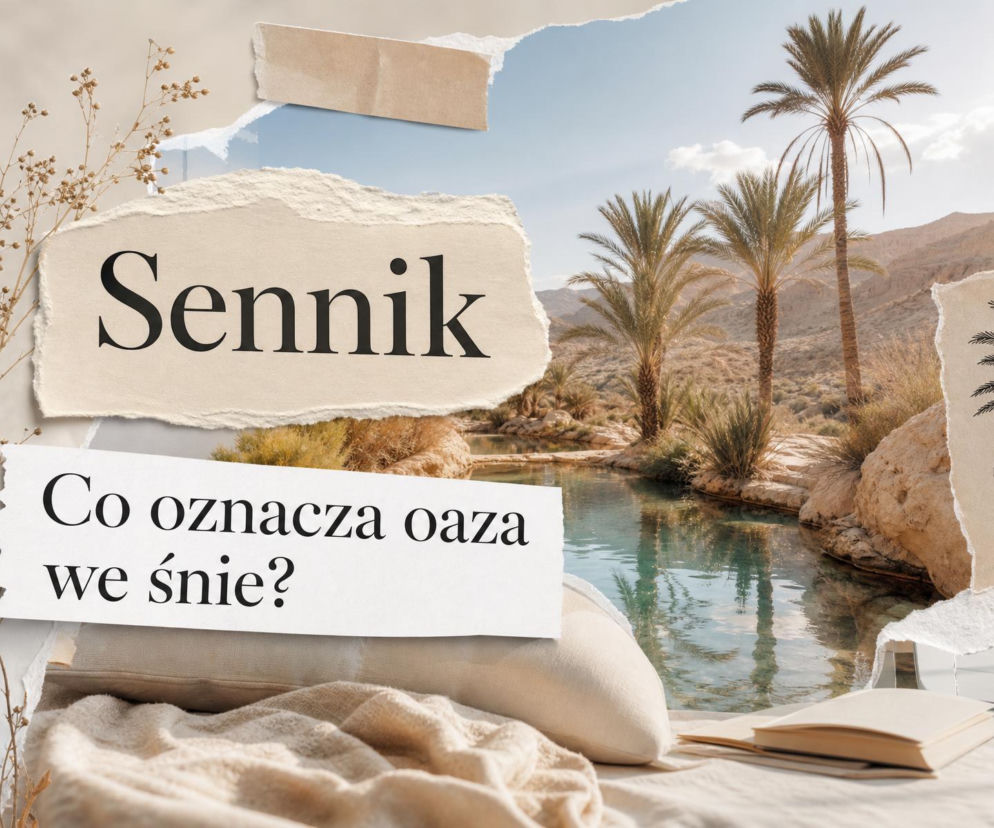 Oaza z palmami i wodą, obok napisy Sennik i Co oznacza oaza we śnie. O znaczeniu snów przeczytasz na SE.