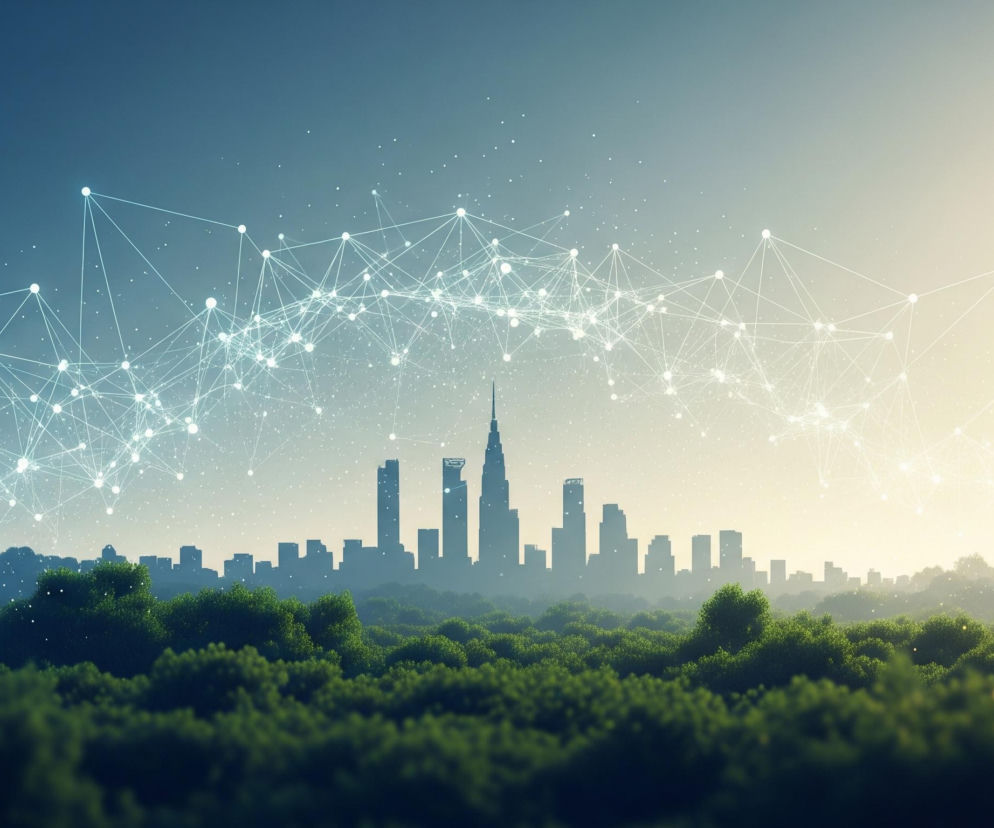 Panorama miejska z zalesionym pierwszym planem dominuje w centrum obrazu, z sylwetkami wielu wieżowców rysujących się na horyzoncie. Przed nimi rozciąga się gęsty, ciemnozielony las, a nad miastem widoczna jest siatka połączonych ze sobą białych punktów i linii, tworząca abstrakcyjny wzór. Tło stanowi stopniowo jaśniejące niebo, od ciemnego błękitu po lewej stronie do jasnego, żółtawo-białego blasku słońca po prawej.