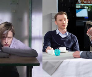 Pierwsza miłość. Igor Kaczmarczyk (Rafał Mohr), Karol Weksler (Karol Strasburger), Sabina (Urszula Dębska)