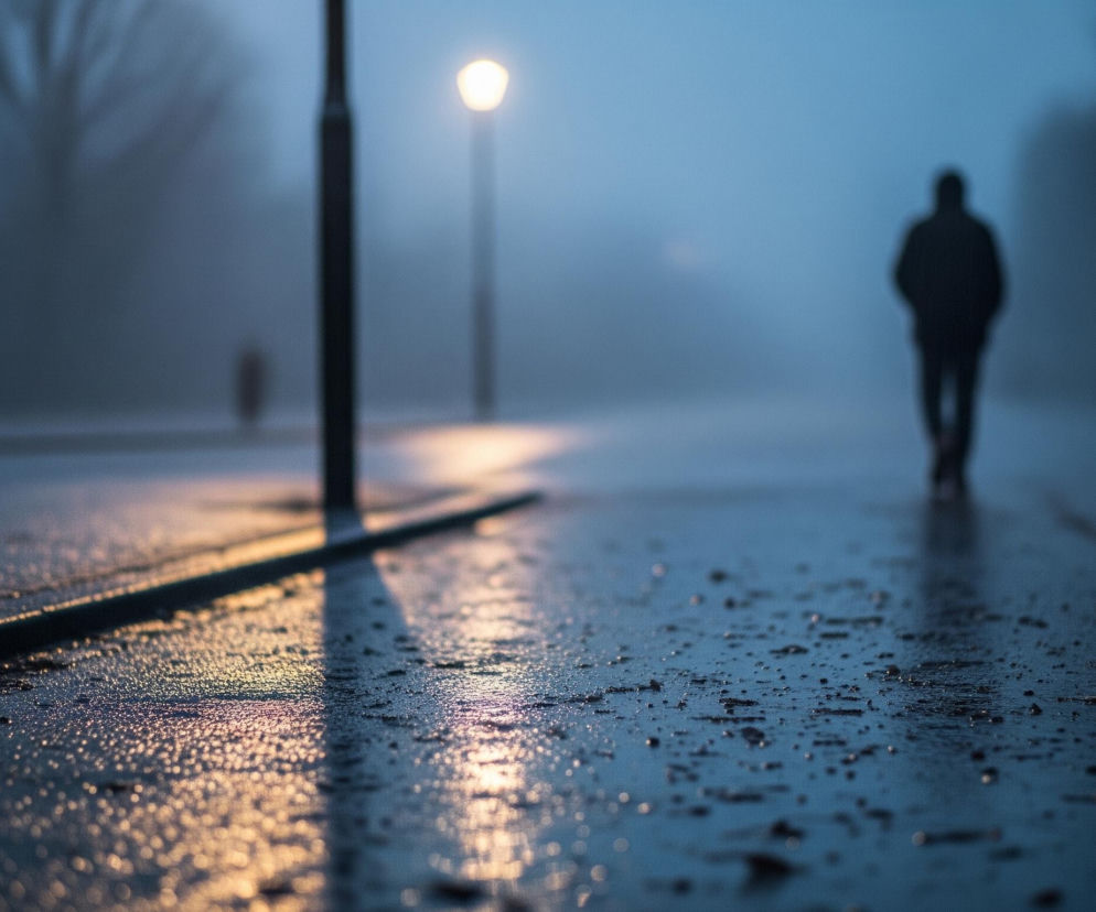Mężczyzna w ciemnym ubraniu idzie mglistą drogą, skierowany plecami do obserwatora, zanikając w oddali. Po lewej stronie, bliżej obserwatora, stoi słup oświetleniowy, z którego promieniuje jasne, białe światło, odbijające się na mokrej nawierzchni drogi. W tle widoczny jest kolejny, słabo zarysowany słup oświetleniowy z bladym światłem, a także niewyraźne sylwetki drzew lub krzewów. Droga jest mokra i pokryta drobnymi kroplami wody, tworzącymi liczne, rozmyte refleksy świetlne.