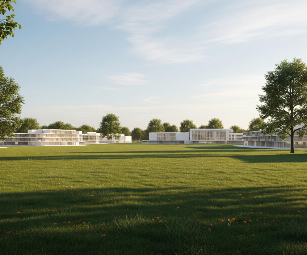 Rozległy trawnik z soczyście zieloną trawą rozciąga się na pierwszym planie i w głąb obrazu, gdzieniegdzie widoczne są pojedyncze pomarańczowo-brązowe liście. Na trawniku widoczne są długie cienie rzucane przez drzewa i budynki, sugerujące późne popołudnie. Dookoła trawnika rozmieszczone są nowoczesne, niskie budynki o jasnych elewacjach, z licznymi oknami i balkonami. Pomiędzy budynkami i na tle jasnoniebieskiego nieba z nielicznymi chmurami widać zielone drzewa, niektóre z nich częściowo zasłaniają górne rogi kadru.
