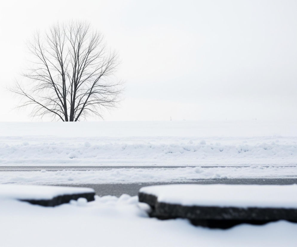 Centralnie, na zaśnieżonym tle, wznosi się bezlistne drzewo o ciemnych, rozgałęzionych konarach. Na pierwszym planie widoczne są dwa kamienie lub fragmenty nawierzchni, pokryte warstwą świeżego śniegu. Pomiędzy nimi, w tle, biegnie wąski pas ciemnoszarej, odśnieżonej jezdni, a za nią rozciąga się biała, zasypana śniegiem przestrzeń, stapiająca się z jasnym, lekko zamglonym niebem.