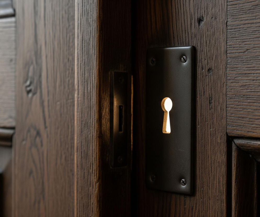 Ciemnobrązowe, drewniane drzwi z widocznym słojem drewna stanowią główny obiekt. Na środku, na prawej części drzwi, umieszczona jest prostokątna, metalowa płytka w ciemnym kolorze, w którą wkomponowany jest otwór na klucz w kształcie stylizowanego klucza. Wewnątrz otworu widoczne jest jasne, żółtawe światło, rozświetlające również niewielki fragment powierzchni drzwi po lewej stronie płytki. Po lewej stronie od płytki widoczna jest wąska szczelina z delikatnym prześwitem światła.