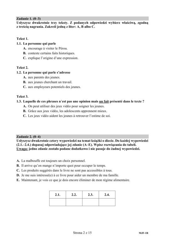 ARKUSZE CKE - Matura francuski - poziom rozszerzony 2019