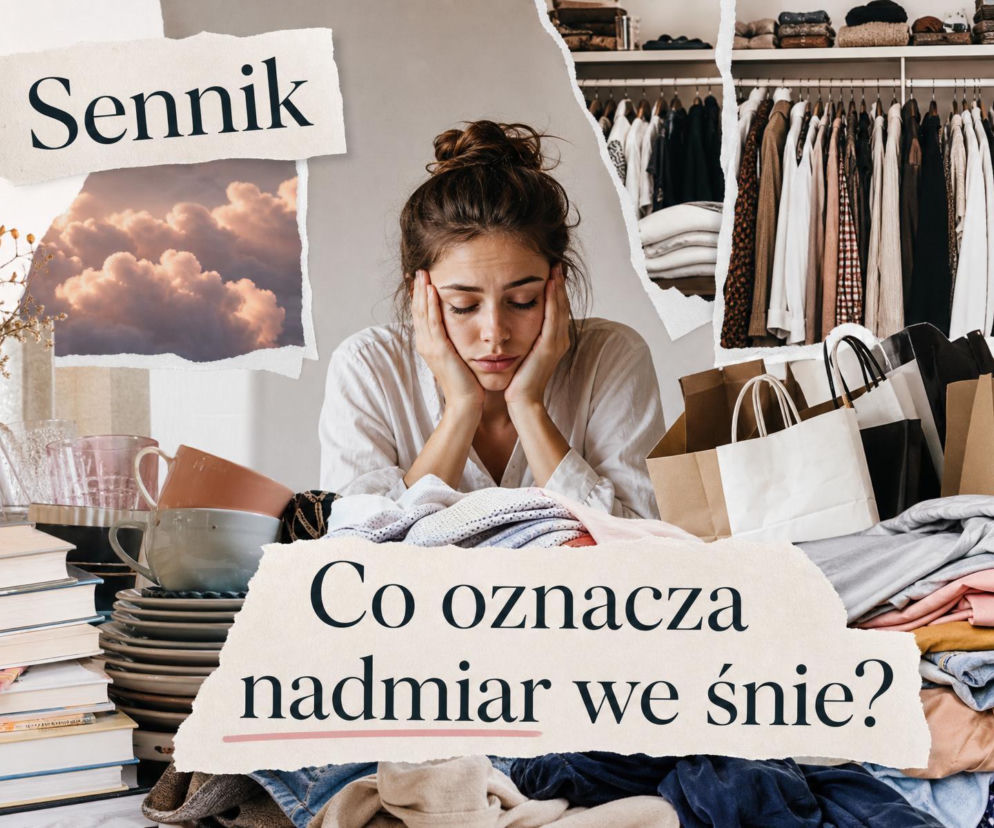 Zatroskana kobieta wśród stosów ubrań i książek. O znaczeniu snu o nadmiarze przeczytasz na SE.