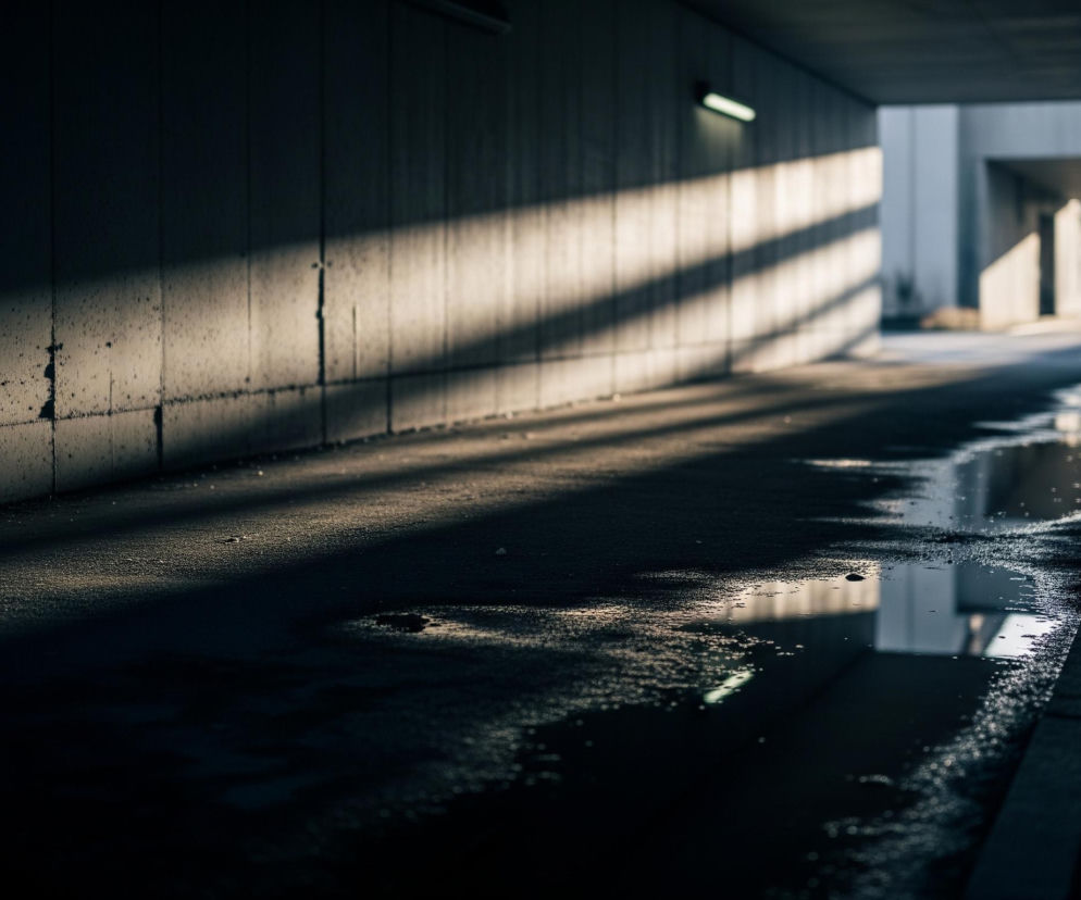 Ciemny tunel lub przejście podziemne o szorstkich, betonowych ścianach. Po lewej stronie, wysoko na ścianie, świeci pojedyncza lampa jarzeniowa, a poniżej niej padają ukośne pasma światła słonecznego, tworząc kontrastowe cienie na ścianie i nawierzchni. Asfaltowa droga w tunelu jest mokra i nieregularnie pokryta kałużami, w których odbija się jasne światło z końca przejścia. Na końcu tunelu widać jasne, otwarte przestrzenie i zarys budynków.