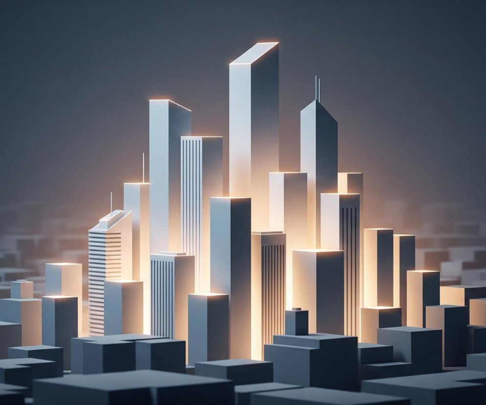 Na obrazie widoczne są abstrakcyjne kształty architektoniczne tworzące miasto. W centrum kompozycji znajduje się grupa wysokich, smukłych budynków w odcieniach szarości i bieli, emanujących ciepłym, pomarańczowym światłem z ich szczytów i krawędzi. Niektóre z tych centralnych struktur posiadają subtelne detale w postaci pionowych lub poziomych pasów. Otoczenie stanowią liczne niższe, prostokątne bryły w ciemniejszych odcieniach szarości, rozciągające się w głąb obrazu, tworząc wrażenie rozległej, futurystycznej metropolii, oświetlonej od wewnątrz na tle ciemnego nieba.