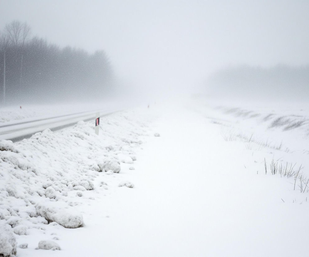 Krajobraz przedstawia zaśnieżoną drogę biegnącą w perspektywie, z gwałtownie spadającym śniegiem. Po lewej stronie drogi widoczny jest wysoki, nieregularny wał śniegu, a dalej za nim ciemny pas lasu z nagimi drzewami, zlewa się z mglistym tłem. Droga jest szara z ciemnymi śladami kół, a po prawej stronie widać szerokie, zaśnieżone pole z wystającymi pojedynczymi, ciemnymi źdźbłami traw. Całość otacza szare, zamglone niebo.
