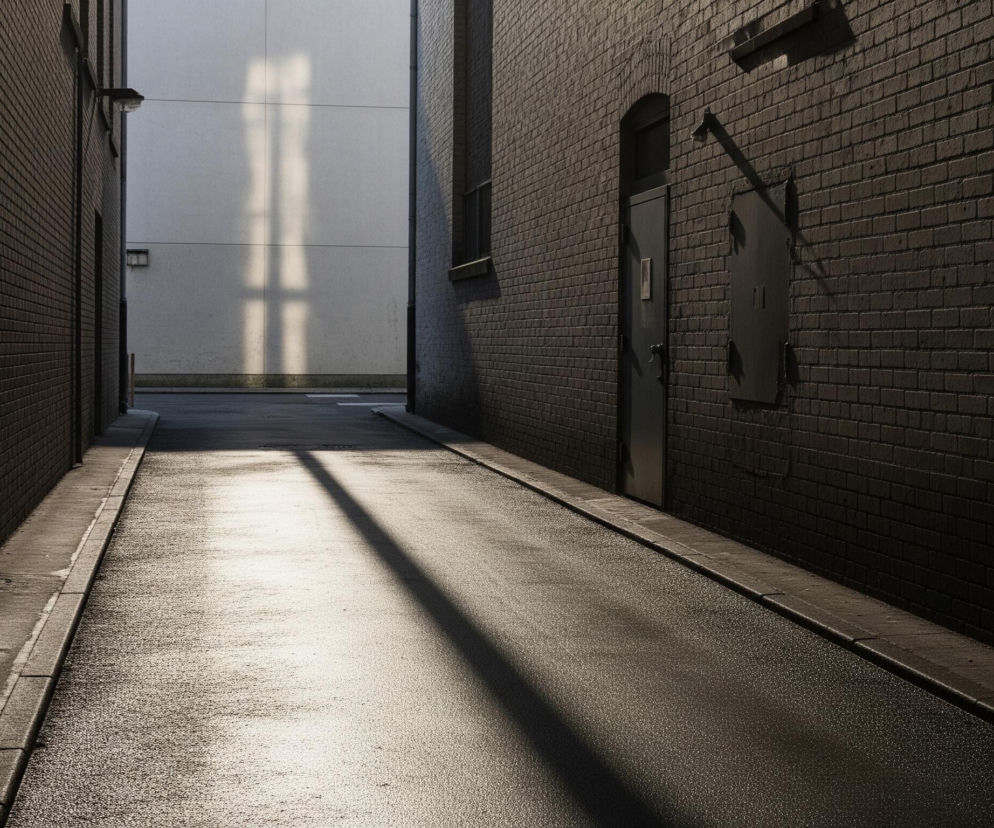 Długie, wąskie przejście biegnie w głąb obrazu, otoczone z obu stron wysokimi, ciemnymi ścianami z cegieł. Na końcu przejścia widać jasną, szarą ścianę z odbijającym się na niej pionowym pasmem światła, tworzącym kształt krzyża z dwoma poziomymi poprzeczkami. Asfaltowa nawierzchnia drogi w połowie jest oświetlona jasnym, słonecznym blaskiem, a w połowie znajduje się w cieniu, rzucanym przez niewidoczne elementy. Po prawej stronie widać ciemne drzwi w ceglanej ścianie, a obok nich metalową szafkę z czterema klamrami, rzucającą ostry cień w dół i w prawo.