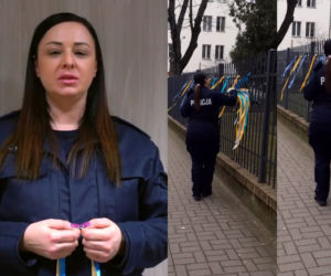 Zerwała ukraińskie wstążki, teraz przeprasza. Film ze skruszoną policjantką obiega internet