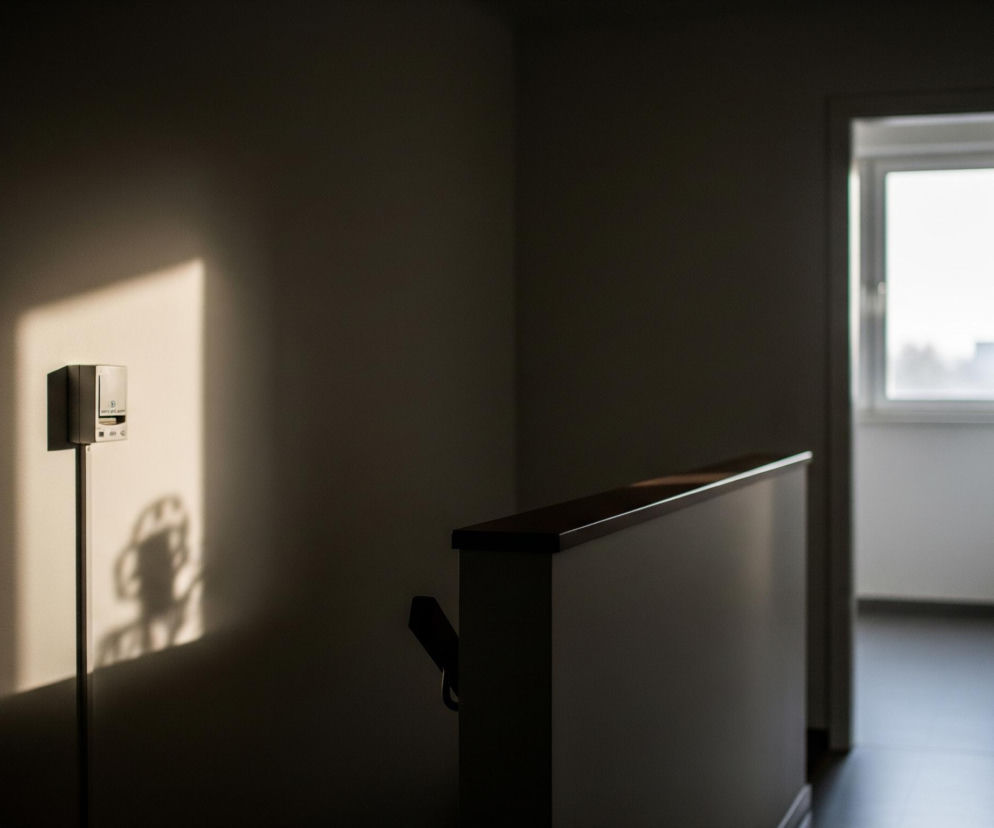 Na lewej ścianie widoczne jest białe, prostokątne urządzenie, z którego wychodzi pionowy, cienki kabel. Na ścianie, pod tym urządzeniem, pada wyraźny, jasny prostokąt światła, rzucający na nią cień przypominający abstrakcyjną formę. Po prawej stronie zdjęcia znajduje się otwarta przestrzeń z oknem w głębi, przez które wpada dzienne światło. Pomiędzy ścianą z urządzeniem a otwartą przestrzenią widać ciemną, niską balustradę z jaśniejszym, drewnianym lub brązowym blatem.