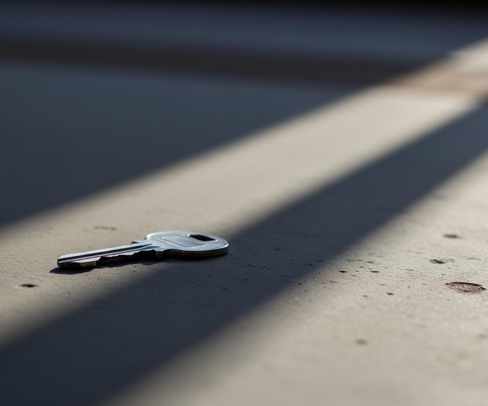 Na szarej, lekko ziarnistej powierzchni leży srebrny klucz, skierowany z lewej dolnej części kadru ku prawej górnej. Przez scenę przebiegają ukośne pasy światła i cienia, tworząc wyraźne, proste linie. Klucz znajduje się w miejscu, gdzie jasny pas światła styka się z ciemnym cieniem, rozjaśniając jego metaliczną powierzchnię. Powierzchnia, na której leży klucz, posiada drobne, ciemne plamki i nierówności.