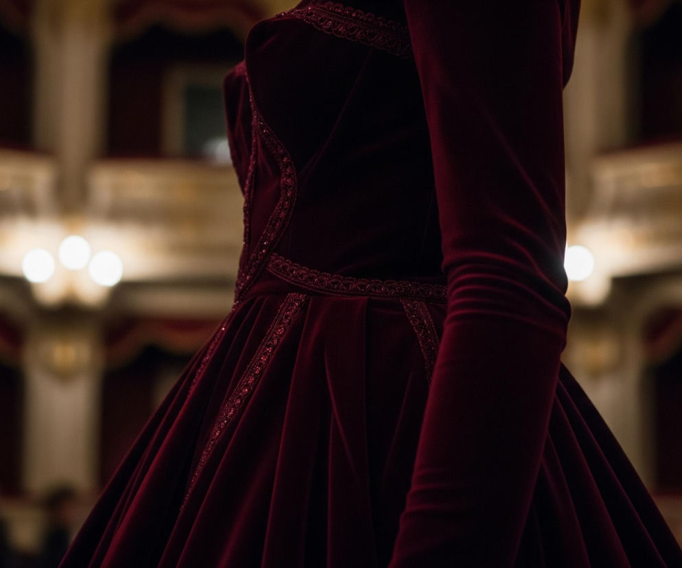 Głównym elementem obrazu jest tułów i ramię osoby, ubranej w aksamitną suknię w kolorze ciemnej czerwieni lub burgundu. Suknia ma ozdobne, haftowane paski biegnące wzdłuż talii i spódnicy, które mienią się delikatnym blaskiem. Długi rękaw sukni jest gładki i przylega do ramienia. Tło jest rozmyte, przedstawiając wnętrze teatralnej sali z rzędami loży i jarzącymi się światłami, sugerującymi ciepłe oświetlenie.