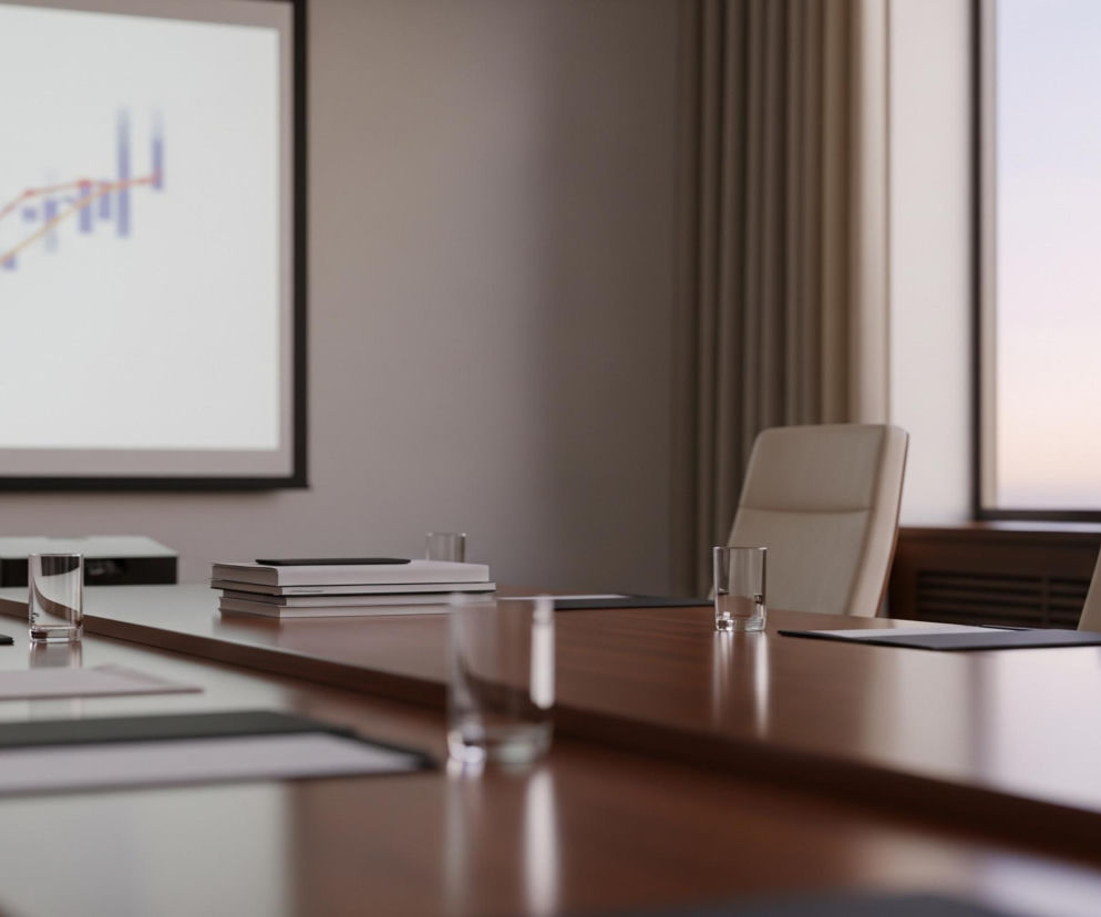 Na pierwszym planie widoczny jest długi, brązowy, polerowany stół konferencyjny z czarnymi podkładkami pod dokumenty i szklankami. Po lewej stronie stołu znajduje się projektor z białą prezentacją zawierającą rozmyte, niebieskie słupki i dwie czerwone linie wykresu. Na tle za stołem i projektorem znajdują się jasnoszare ściany, a po prawej stronie widać dwa beżowe krzesła biurowe oraz duże okno z delikatnym, pastelowym światłem w tle.