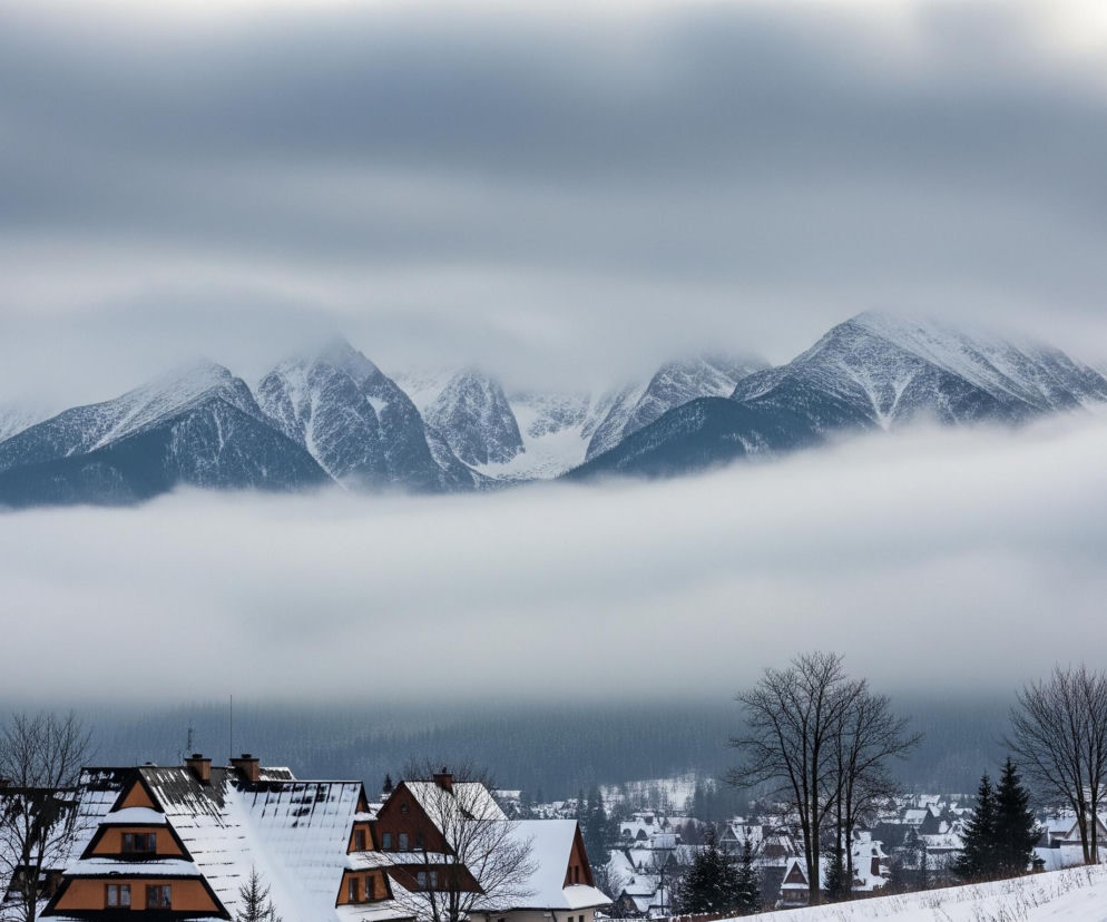 Zasypane śniegiem góry, których szczyty wyłaniają się z gęstych chmur i mgły, dominują górną część obrazu. Poniżej rozciąga się pasmo gęstego, zaśnieżonego lasu, zanikającego w nieprzeniknionej mgle. Na pierwszym planie, w dolnej części, widoczne są dachy domów o spadzistych, pokrytych śniegiem konstrukcjach, z których niektóre mają elementy drewniane w ciepłym odcieniu. Po prawej stronie, na zaśnieżonej ścieżce, idą trzy osoby w grubych, zimowych ubraniach, obok nich stoją latarnie uliczne, a w tle rozciąga się zasypana śniegiem wieś.