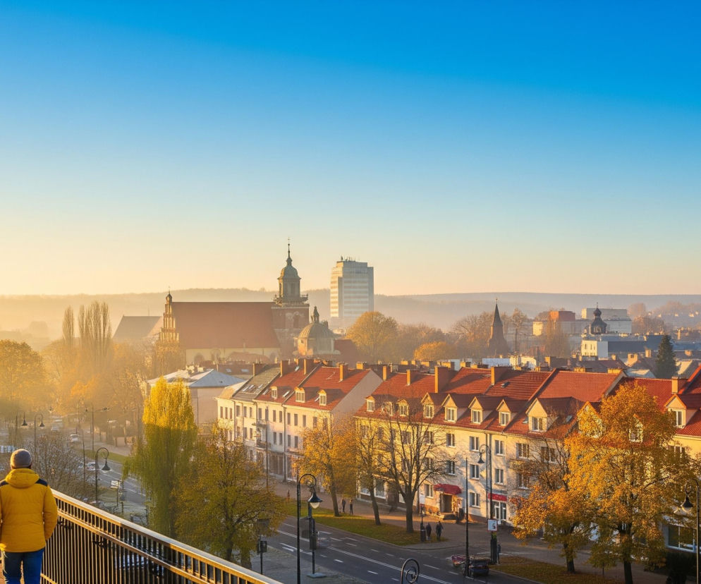 Grupa ludzi idzie po moście, z których trzech głównych postaci widać od tyłu, ubranych w kurtki: niebieską, czarną i żółtą, a z ich ust wydobywa się para, wskazując na niską temperaturę. Widok rozpościera się na miasto z licznymi budynkami o czerwonych dachach, otoczonymi drzewami z żółto-pomarańczowymi liśćmi jesienią. W tle dominują historyczne budowle z wieżami, w tym kościół z wysoką dzwonnicą oraz nowoczesny, wysoki budynek biurowy, a horyzont rozświetla jasne, żółto-pomarańczowe światło wschodzącego lub zachodzącego słońca przechodzące w błękitne niebo.