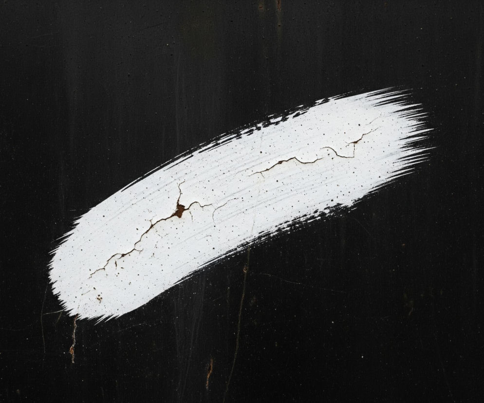 Przekątny, biały pociągnięcie pędzla dominujące na środku obrazu widoczne jest na tle ciemnej, prawie czarnej powierzchni. Pociągnięcie pędzla, grubsze po lewej stronie i zwężające się ku prawej, ma wyraźnie postrzępione krawędzie, wskazujące na szybki, dynamiczny ruch. Wewnątrz białej farby widoczne są liczne drobne, ciemne kropki oraz kilka większych pęknięć o brązowawej barwie, przypominających spękany tynk lub wyschniętą farbę. Czarne tło ma lekko metaliczny połysk i jest delikatnie nakrapiane jaśniejszymi, małymi plamkami oraz posiada kilka rdzawych przebarwień i drobnych zarysowań.
