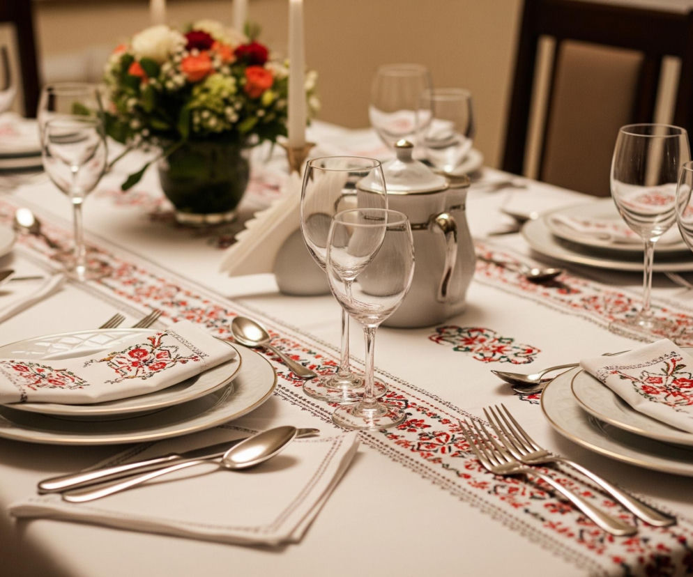 Stół nakryty jest białym obrusem z biegnącym przez środek wzorzystym pasem w odcieniach czerwieni i zieleni. Na stole leży kilka kompletów naczyń: białe talerze obiadowe, nad nimi mniejsze talerzyki, a na każdym z nich biała serwetka ozdobiona haftem o podobnych motywach kwiatowych jak obrus. Obok talerzy ułożone są sztućce: po lewej stronie widelce, po prawej łyżki i noże.

Na stole widoczne są również przezroczyste kieliszki do wina oraz dzbanek z uchwytem i przykrywką w jasnym kolorze. W tle, pośrodku stołu, znajduje się wazon z bukietem świeżych kwiatów, w którym dominują róże w odcieniach czerwieni, pomarańczy i bieli, uzupełnione zielonymi liśćmi. Obok wazonu stoi wysoka, biała świeca w złotej podstawie. W tle widać fragmenty ciemnych krzeseł z beżowymi obiciami.