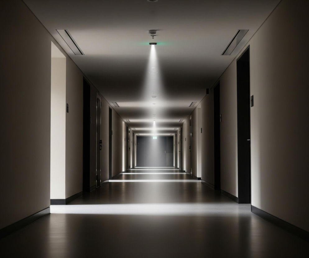 Długi korytarz rozciąga się w głąb, tworząc silną perspektywę centralną. Ściany są jasnoszare, a drzwi po obu stronach są ciemnobrązowe lub czarne, tworząc rytmiczne pionowe linie. Sufit jest biały, a na nim widać szereg opraw oświetleniowych, z których jedna, bliżej środka, emituje wyraźny zielony strumień światła skierowany w dół, rozświetlając fragment podłogi. Podłoga jest ciemnoszara i odbija światło, tworząc długie, jasne pasy. Na końcu korytarza widać zielone światło przypominające znak wyjścia awaryjnego.