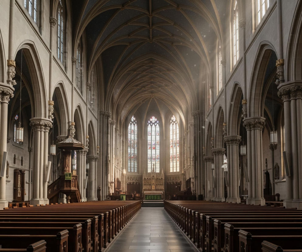 Wnętrze kościoła o strzelistej architekturze gotyckiej, ukazane z perspektywy nawy głównej, skierowanej ku prezbiterium. Liczne ciemne, drewniane ławki w rzędach wypełniają obie strony nawy, rozdzielone centralnym przejściem z ciemnoszarych płytek. Dwie kolumny masywnych, jasnych filarów z ozdobnymi kapitelami wspierają sklepione łuki, tworząc boczne nawy i podtrzymując wysoko sklepione, ciemne sufity z widocznymi żebrami.

Światło wpada z wysokich, smukłych okien witrażowych po obu stronach świątyni, tworząc jasne smugi i rozświetlając przestrzeń; szczególnie intensywne promienie słoneczne widać po prawej stronie. Na końcu nawy, w prezbiterium, widoczny jest ołtarz z bogato zdobionym retabulum i zielonym obrusem. Po lewej stronie, między ławkami a filarami, stoi wysoka, drewniana ambona z rzeźbionymi detalami.