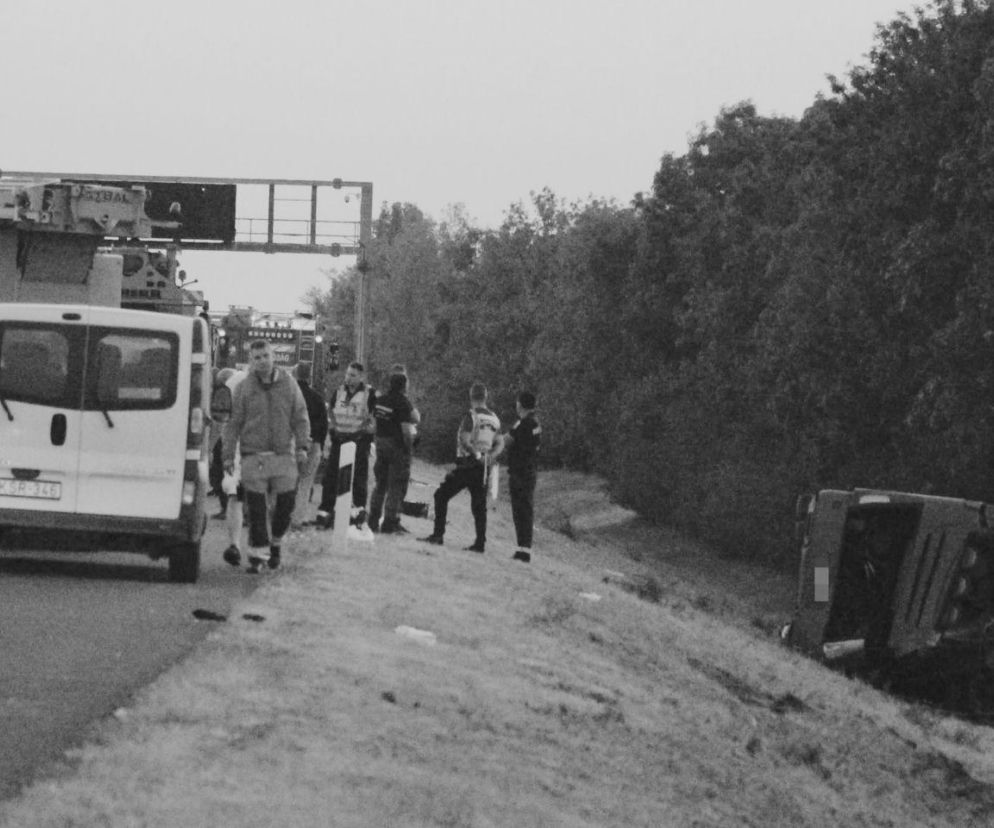 Służby na miejscu wypadku autokaru na Węgrzech. Obok drogi leży wrak pojazdu. O pomocy dla rannych przeczytasz na SE.
