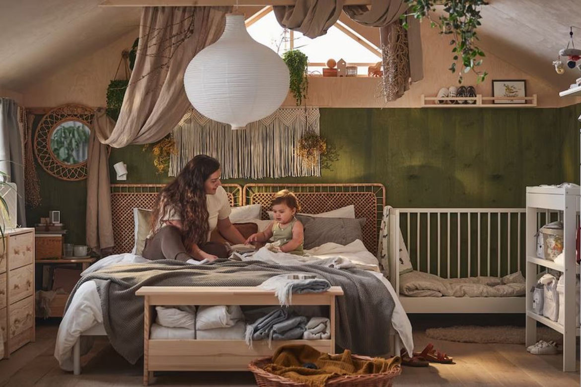Kącik dla niemowlaka w sypialni rodziców – scandi boho