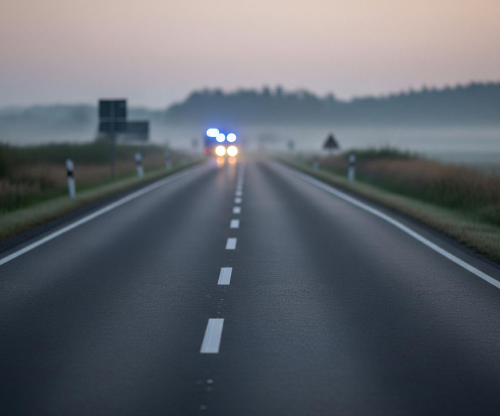 Długa, asfaltowa droga biegnie prosto w dal, z perspektywą z poziomu jezdni. Na środku drogi widoczne są przerywane białe linie, a po obu stronach drogi znajdują się ciągłe białe linie, oddzielające pas ruchu od pobocza. Po bokach, na trawiastych poboczach, rozmieszczone są biało-czarne słupki drogowe. W oddali, na horyzoncie, zza warstwy mgły lub porannej mżawki, wyłaniają się rozmyte światła pojazdu – dwie jasne, żółte lampy poniżej i dwie niebieskie migające światła powyżej. Tło stanowi zamglony krajobraz z ciemnymi sylwetkami drzew i krzewów, a niebo przybiera bladoróżowo-szare barwy.